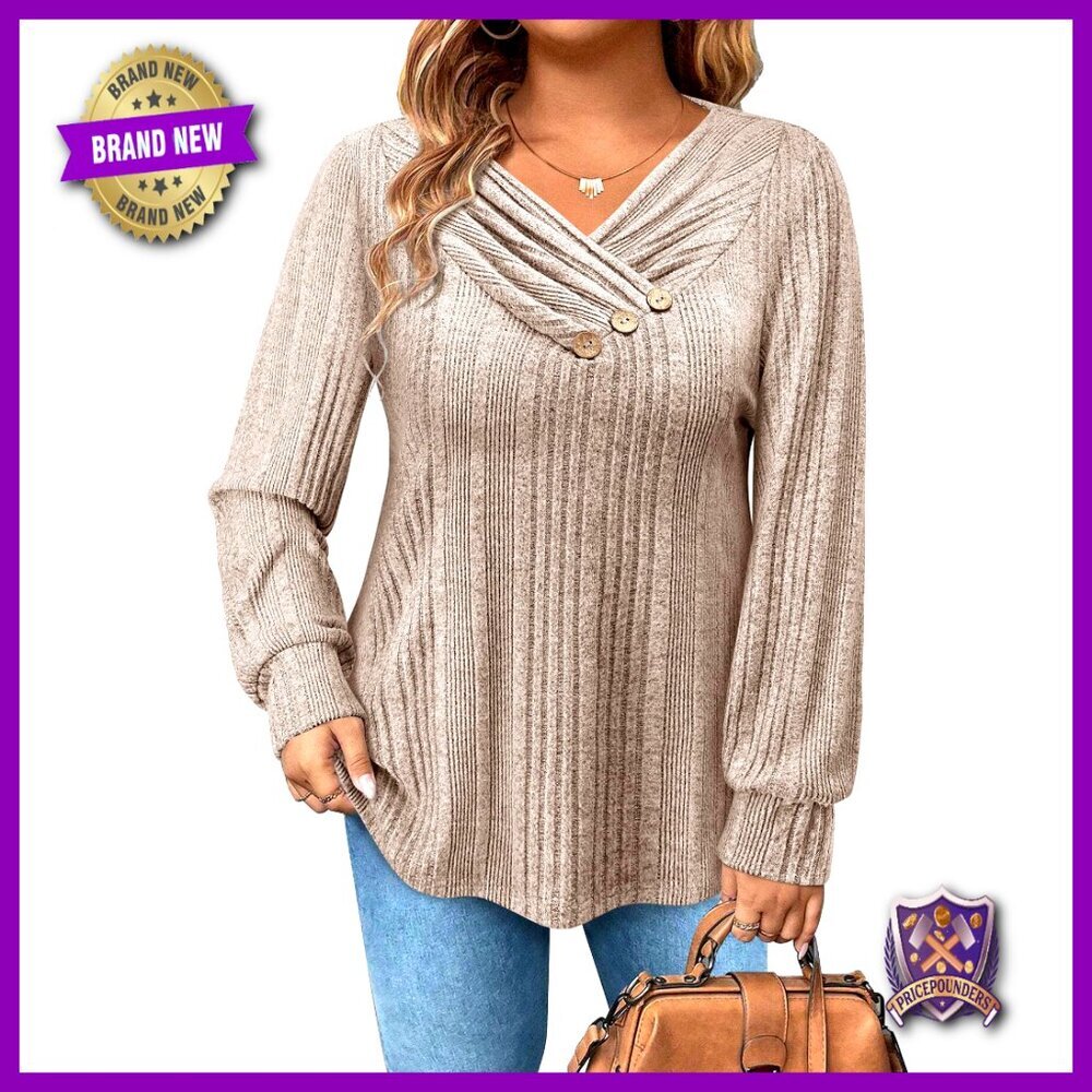 Plus Size V-Neck Sweater Tunic with Buttons, Loose Knit, XL-5XL